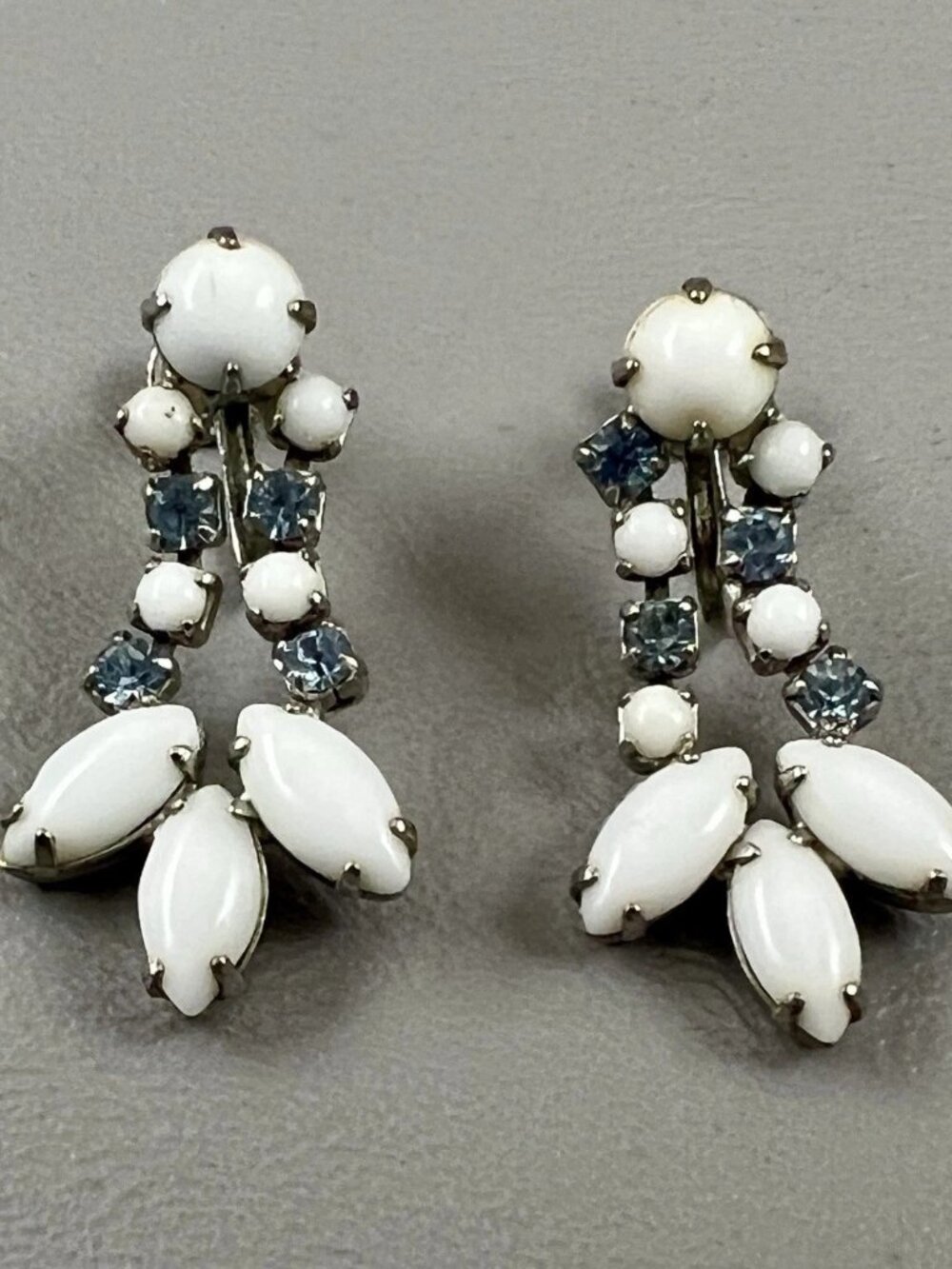 Vintage White Milk Glass & Blue Rhinestones Dangle Clip On Earrings Silver Tone